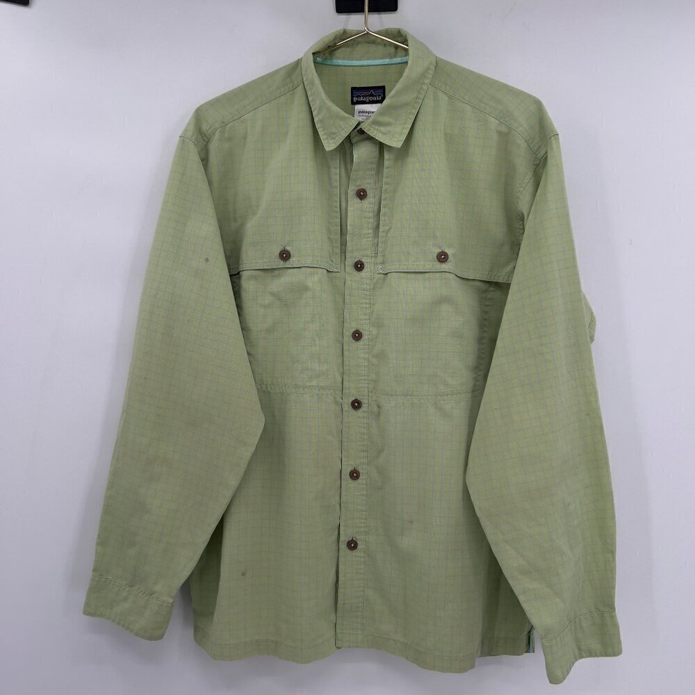 Patagonia Men's Long Sleeve Organic Cotton Blend Plaid Green Shirt M
